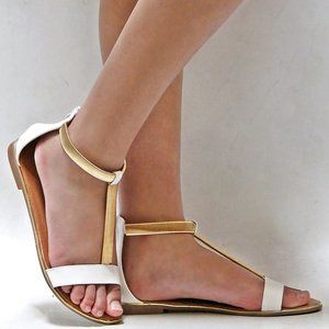 White and Gold T-Strap Women's Sandals